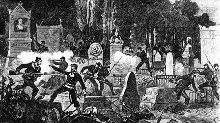 A párizsi kommün utolsó csatája a Pere Lachaise temetőben, Louis Joseph Amedee Daudenarde metszetével, a Le Monde Illustre-ből, 1871